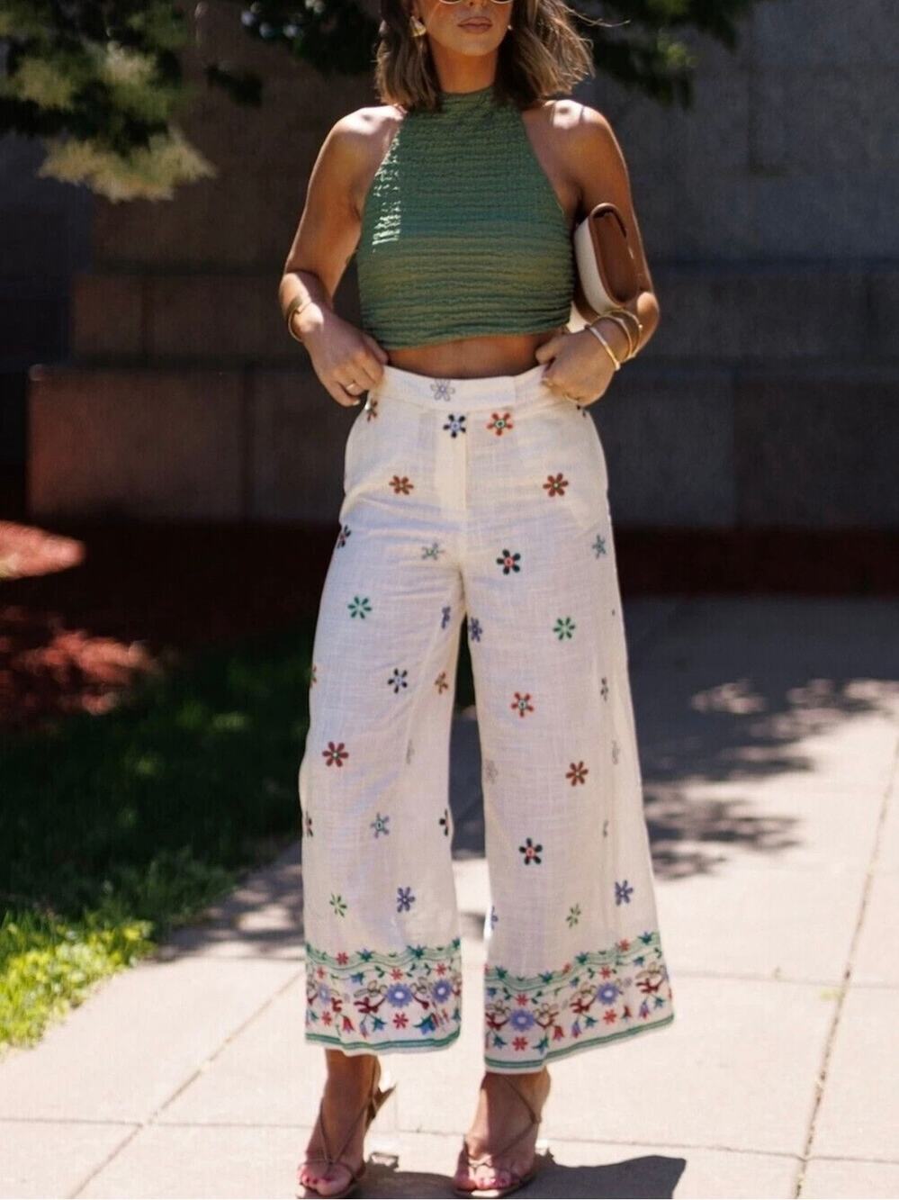 Zara White Wide-Leg Linen Pants with Floral Embroidery -too big for me 😔